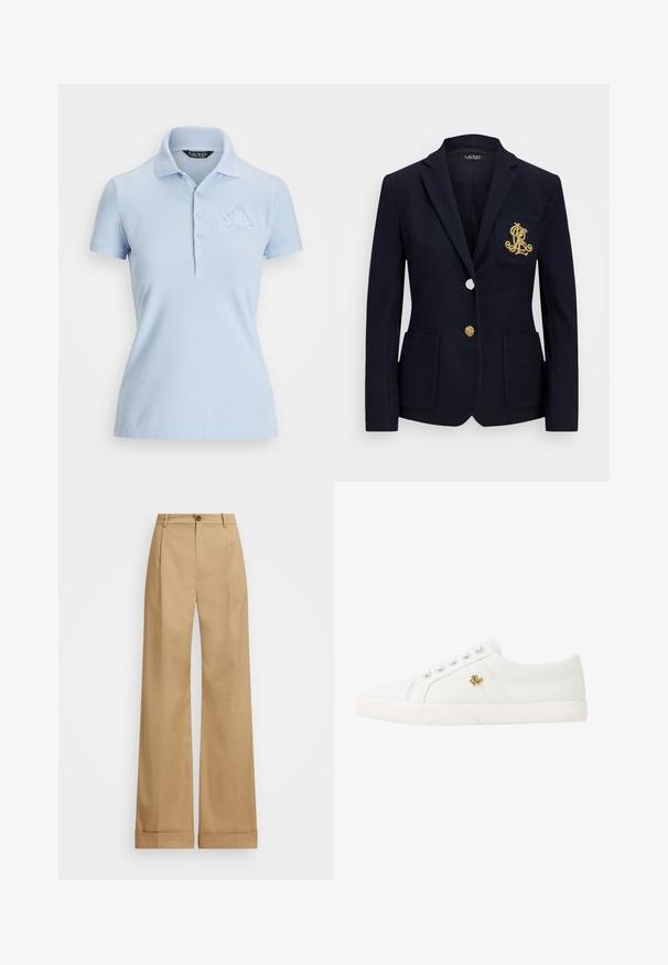 Blazer azul-marinho com um tecido texturado, acessórios em dourado, fecho de um único botão e um bolso no peito com um logótipo bordado.; Camisa polo azul clara feita de algodão, com gola, abertura com três botões e logótipo bordado no lado esquerdo do peito. Mangas curtas.; Calças largas beje com fecho de botão, apresentando uma textura suave e pregas vincadas. Bainhas com punho para um detalhe adicional.; Lauren Ralph Lauren JANSON II CANVAS SNEAKER - Sapatilhas - optic white