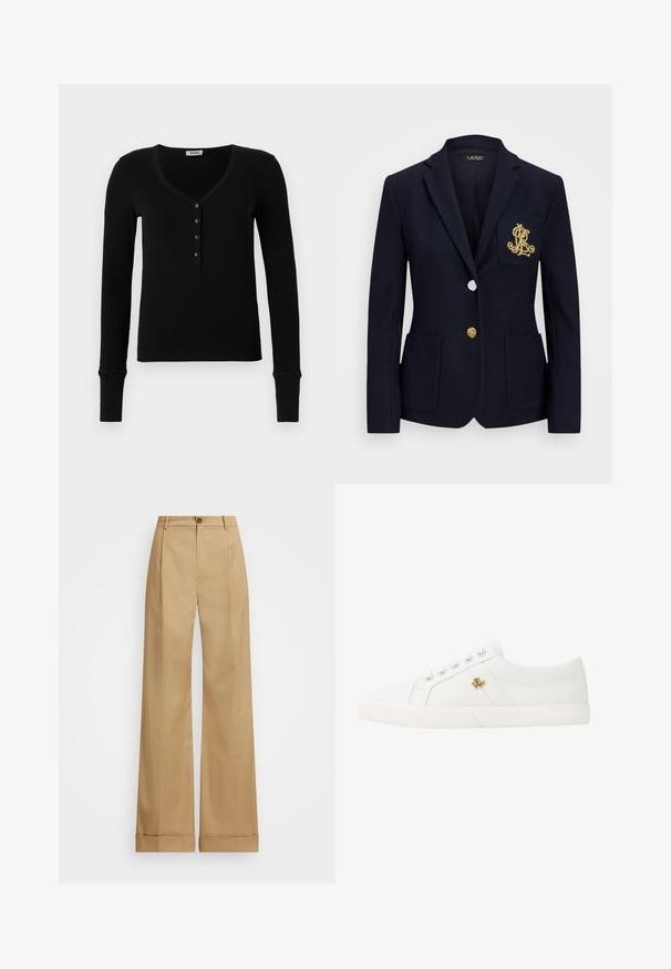 Marineblazer van een gestructureerde stof, met gouden hardware, een enkele knoopsluiting en een borstzak met een geborduurd logo.; Zwarte long-sleeve shirt met een V-hals, geribbeld textuur en een rij van vijf zwarte knopen aan de voorkant. Heeft aansluitende manchetten.; Beige wijde broek met een knoopsluiting, voorzien van een soepele textuur en persplooien. Met afgeronde zoom voor extra detail.; Lauren Ralph Lauren JANSON II CANVAS SNEAKER - Sneakers laag - optic white