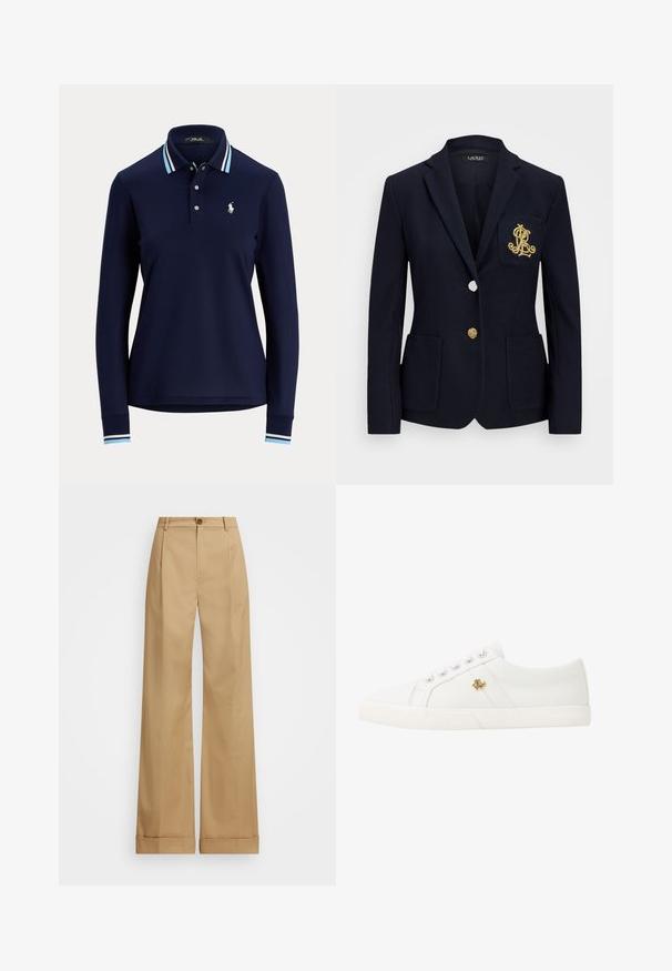 Merijatattu tummansininen bleiseri, jossa on tekstuurinen kangas, kultaiset yksityiskohdat, yksittäinen nappikiinnitys ja rintatasku, jossa on brodeerattu logo.; Navy pitkähihaisessa poolopaidassa on vaaleansininen ja valkoinen raidallinen kaulus sekä hihansuut, napitus ja valkoinen brodeerattu polo-pelaajan logo rinnassa.; Vaaleanbeige leveälahkeiset housut, joissa on nappikiinnitys. Housuissa on sileä pinta ja taitteet. Taskujen alaosat on käännetty yksityiskohtien lisäämiseksi.; Lauren Ralph Lauren JANSON II CANVAS SNEAKER - Matalavartiset tennarit - optic white