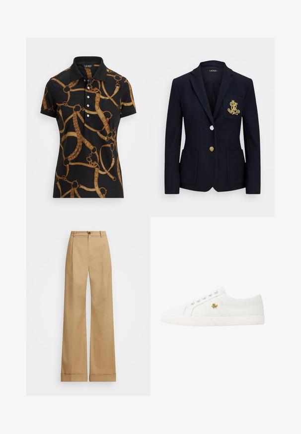 Marineblazer i teksturert stoff, med gullbeslag, enkel knappelukking og brystlomme med brodert logo.; Svart poloshirt med et brunt hesteinspirert grafisk mønster, med en treknapp placket og korte ermer. Glatt tekstur.; Beige vide bukser med knaplukning, som har en glat overflade og pressede folder. Med opsmøg for ekstra detaljer.; Lauren Ralph Lauren JANSON II CANVAS SNEAKER - Joggesko - optic white