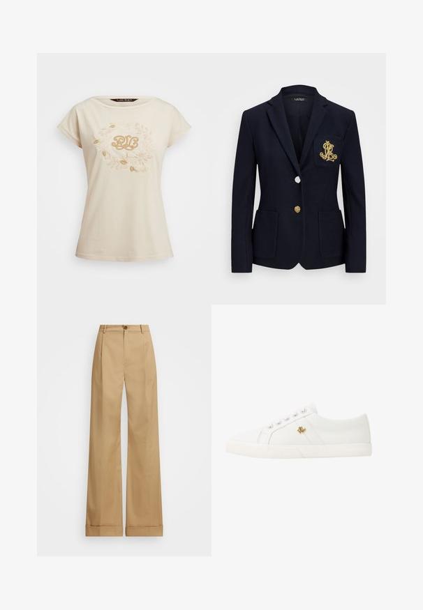 Námořnický blazer s texturovanou tkaninou, zlatými kovovými detaily, zapínáním na jeden knoflík a náprsní kapsou s vyšitým logem.; Krémové tričko s krátkým rukávem s květinovou výšivkou v zlatých tónech a stylizovaným logem "RL" uprostřed. Měkký bavlněný materiál.; Béžové kalhoty širokého střihu s knoflíkovým zapínáním, které mají hladkou strukturu a stlačené záhyby. Manžety na nohavicích pro zvýraznění detailu.; Lauren Ralph Lauren JANSON II CANVAS SNEAKER - Tenisky - optic white