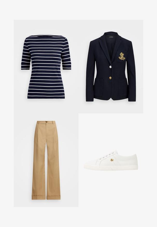 Marineblazer i teksturert stoff, med gullbeslag, enkel knappelukking og brystlomme med brodert logo.; Mørkeblå T-skjorte med horisontale hvite striper, korte ermer og rund hals. Laget av glatt stoff med en tettsittende fasong.; Beige vide bukser med knaplukning, som har en glat overflade og pressede folder. Med opsmøg for ekstra detaljer.; Lauren Ralph Lauren JANSON II CANVAS SNEAKER - Joggesko - optic white