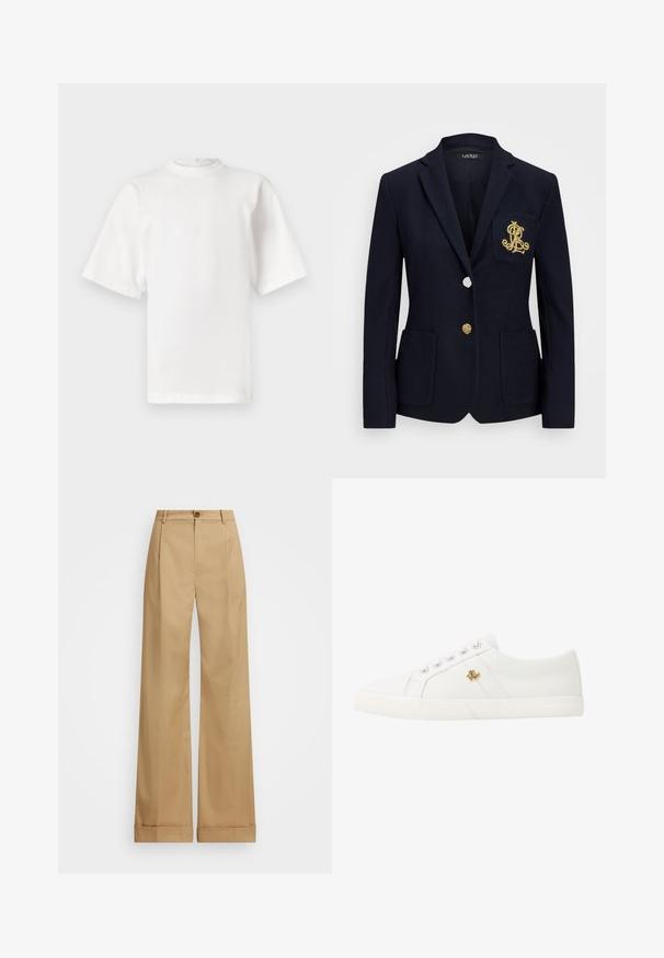 Blazer navy in tessuto texturizzato, con accessori in oro, chiusura a un bottone e taschino sul petto con logo ricamato.; Maglietta bianca a maniche corte in cotone con colletto alto e vestibilità dritta. Nessun motivo o accento visibile. Dettagli delle cuciture sulle spalle.; Pantaloni beige a gamba larga con chiusura a bottone, caratterizzati da una trama liscia e pieghe stirate. Bottoms con risvolto per un tocco in più.; Lauren Ralph Lauren JANSON II CANVAS SNEAKER - Sneakers basse - optic white