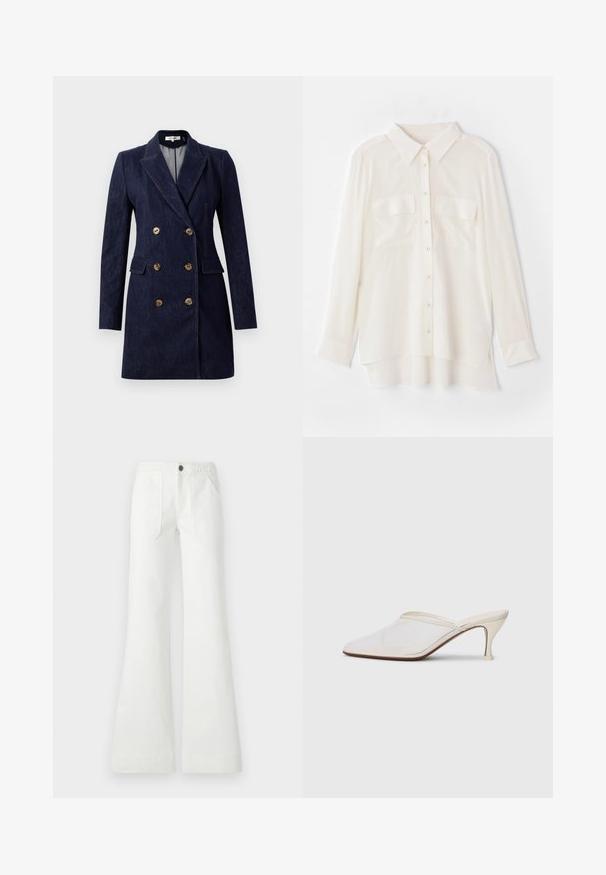 Marineblauwe denim dubbele breasted jas met gouden knopen, gelapte revers en zijzakken. Rechte silhoutte met op maat gemaakte schouders.; Witte overhemd met knopen, gemaakt van lichtgewicht stof. Heeft een klassieke kraag, twee borstzakken en een iets langere achterkant.; Witte flared broek van geweven stof, met een gevlochten tailleband, twee voorzakken en een gladde textuur. Sluit met een zwarte knoop.; Witte mesh puntige muiltjes met een slanke hak van middelgrote hoogte en een slip-on ontwerp, tegen een effen achtergrond.