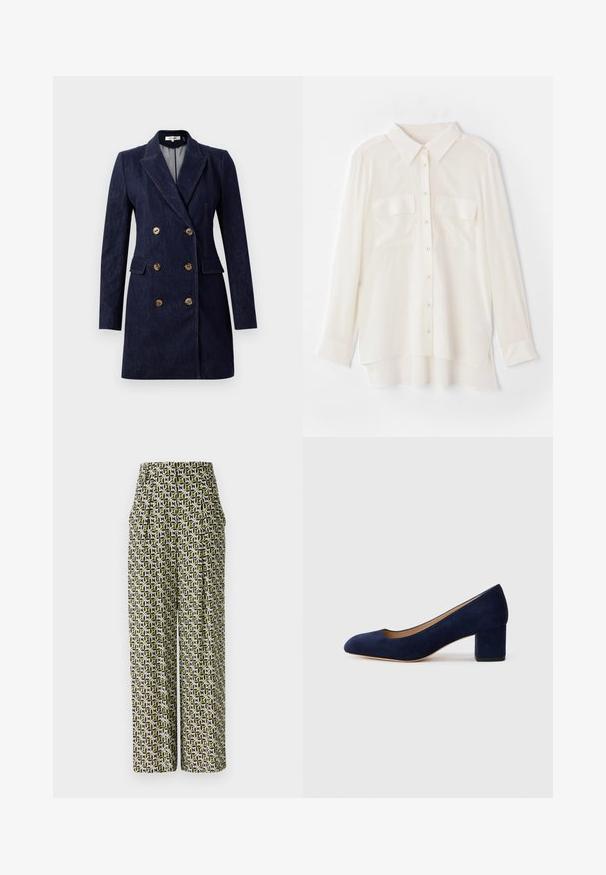 Marineblå denim dobbeltbrystet frakke med guldknapper, spidse klapper og sidelommer. Lige silhuet med skræddersyede skuldre.; Hvid skjorte med knapper lavet af letvægtsstof. Har en klassisk krave, to brystlommer og en lidt længere bagkant.; Diane von Furstenberg BELLINI PANTS - Bukser - green; Marinblå ruskinds pumps med spids tå og en mellemstor blokhæl. Glat tekstur med en subtil glans og et lille udskæringer foran.