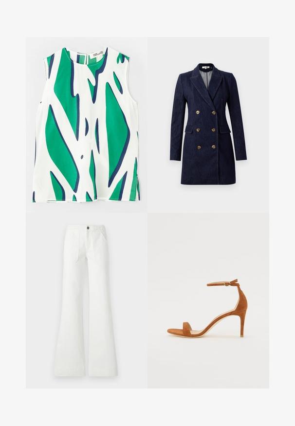 Abrigo azul marino de corte cruzado con botones dorados, solapas con muescas y bolsillos laterales. Silueta recta con hombros entallados.; Top sin mangas en tejido ligero, con un atrevido patrón abstracto en verde y azul marino sobre un fondo blanco. Escote redondo con abertura en la parte posterior.; Pantalones acampanados blancos hechos de tejido tejido, con una cinturilla trenzada, dos bolsillos frontales y una textura suave. Cerrados con un botón negro.; Sandal de tacón alto de ante marrón con una delgada correa en el tobillo y una hebilla dorada, puntera abierta y un diseño elegante y minimalista.