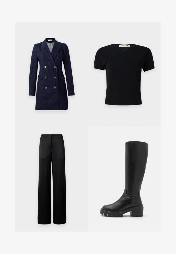 Marineblauwe denim dubbele breasted jas met gouden knopen, gelapte revers en zijzakken. Rechte silhoutte met op maat gemaakte schouders.; Zwarte T-shirt met korte mouwen en V-halsontwerp, gemaakt van een gladde, rekbare stof. Kenmerkt zich door een eenvoudige, klassieke silhoutte zonder versieringen.; Zwarte wijdvallende broek met een gestructureerd oppervlak, voorzien van een platte tailleband en twee zijzakken. De stof lijkt licht en vloeiend.; Kniehoge zwarte leren laarzen met een gladde textuur, robuuste plateauzool en een vierkante teen. Minimalistische stijl zonder zichtbare accenten.