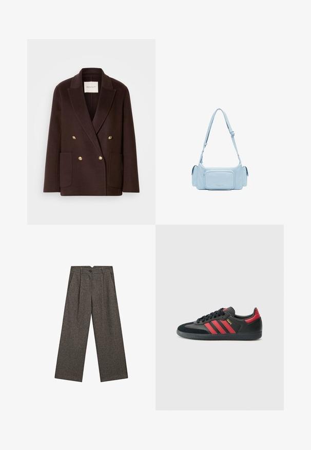 Brązowa, podwójnie zapięta marynarka z wełny, z złotymi guzikami, klapami w kształcie litery V oraz dwiema przednimi kieszeniami. Minimalistyczny design, z wyraźnie zarysowanym kształtem.; Brązowa koszula zapinana na guziki z bawełnianej tkaniny, z długimi rękawami, kieszonką na piersi, białymi guzikami oraz klasycznym kołnierzykiem.; Szerokie, wysokie ciemnoszare wełniane spodnie z zakładkami z przodu, kieszeniami bocznymi, szlufkami na pasek i zapięciem na czarny guzik.; Czarne sneakersy z czerwonymi paskami, wykonane z zamszu i skóry, okrągły nosek, płaskie sznurowadła, teksturowana gumowa podeszwa i złote akcenty.; Jasnoniebieska skórzana torba o prostokątnym kształcie, regulowanym pasku, przedniej kieszeni na zamek i minimalistycznym wzornictwie. Gładka textura, subtelne logo.