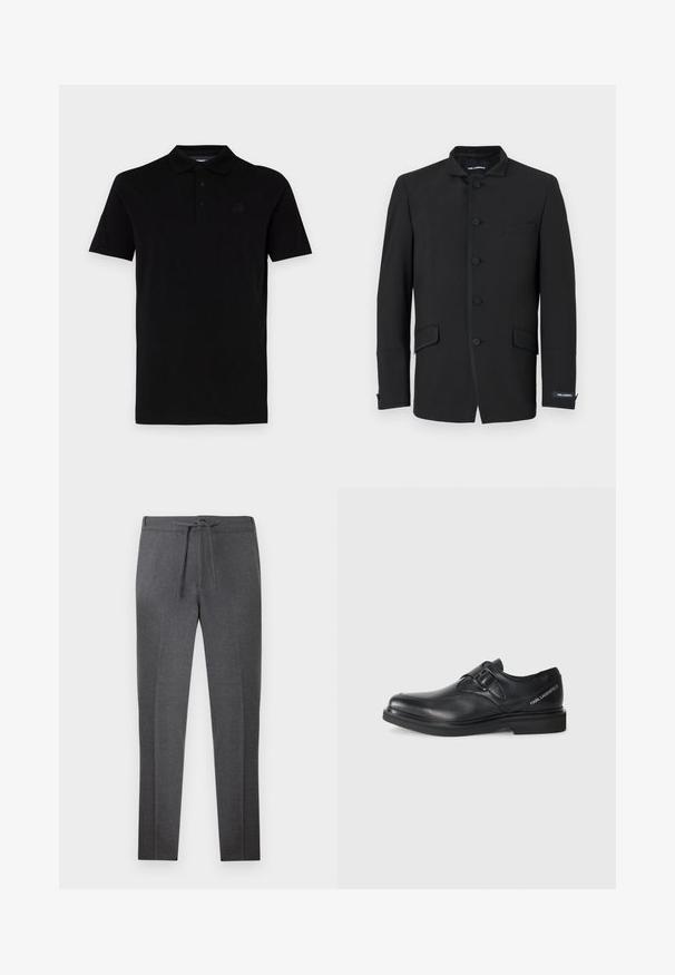 Casaco preto com colarinho mandarim, apresentando seis fechos de botão, dois bolsos laterais e pormenores de costura discretos. Textura de tecido suave.; Pólo preto com mangas curtas, feito de um tecido suave. Apresenta um colarinho clássico e uma presença de três botões, com um logótipo discreto no peito.; Calças ajustadas de tom cinza escuro com cintura elástica e cordão, apresentando pregas discretas na parte da frente.; Sapatilha de couro preto com bico arredondado, detalhe de fivela única e sola de borracha plana. Apresenta uma marcação na lateral próxima ao calcanhar.