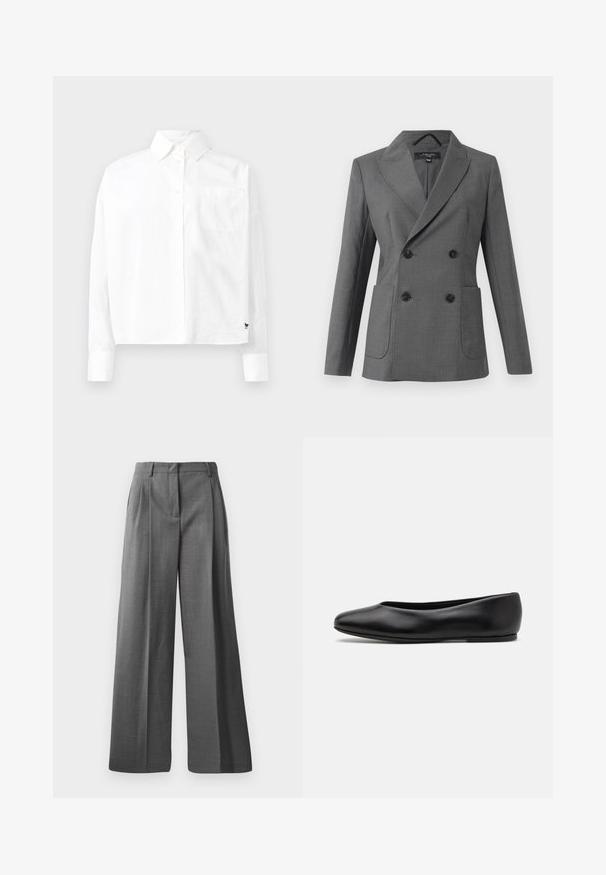 Grau melierter Doppelreiher-Sakko mit breiten Revers, vier schwarzen Knöpfen, zwei aufgesetzten Taschen vorne und langen Ärmeln, präsentiert auf einem weißen Hintergrund.; Grau gestrickter Pullover mit Stehkragen aus weichem Material, lange Ärmel, gerippter Hals und Saum sowie einem lockeren Schnitt. Glatter Textur und schlichtes Design.; Weißes Langarmhemd mit Knopfleiste, spitzem Kragen, einer Brusttasche und geknöpften Ärmeln. Hergestellt aus glattem, leichtem Stoff.; Graue, weit geschnittene Hosen aus strukturiertem Stoff mit feinem Muster. Mit vorderen Falten und einem Bund mit Gürtelschlaufen.; Paul Smith TOPANGA - Klassischer Ballerina - black