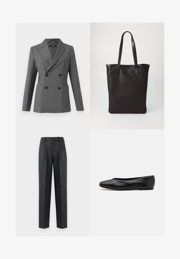 Sivo dvostruko zatvoreno blejzer s širokim reverima, četiri crna gumba, dva prednja patentna džepa i dugim rukavima, prikazan na bijeloj pozadini.; Bijela košulja dugih rukava s gumbima i oštrom kragnom, jednim džepom na prsima i manžetama. Izrađena od glatkog, laganog materijala.; Odjevene hlače od tamnosive tkanine s laganim prugama, s ravnim krojem, prednjim nabora i glatkom teksturom.; Paul Smith TOPANGA - Balerinke - black; Crna platnena torba s crnim kožnim ručkama. Jednostavan dizajn, prostrano tijelo i glatka tekstura. Bez vidljivih logotipa ili uzoraka.