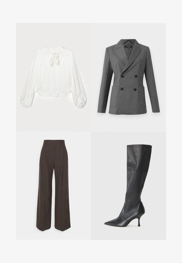 Double-breasted grey blazer with wide lapels, four black buttons, two front patch pockets, and long sleeves, displayed on a white background.; White blouse with a round neckline and a tied bow detail. Features long, puffed sleeves with gathered cuffs and a loose fit. Soft, lightweight fabric.; Dark brown wide-leg trousers with a high waist, featuring neatly pressed creases, smooth texture, and a tailored fit.; Knee-high black leather boots with a pointed toe and a slim stiletto heel. Smooth texture with a fitted design and stitching at the top edge.