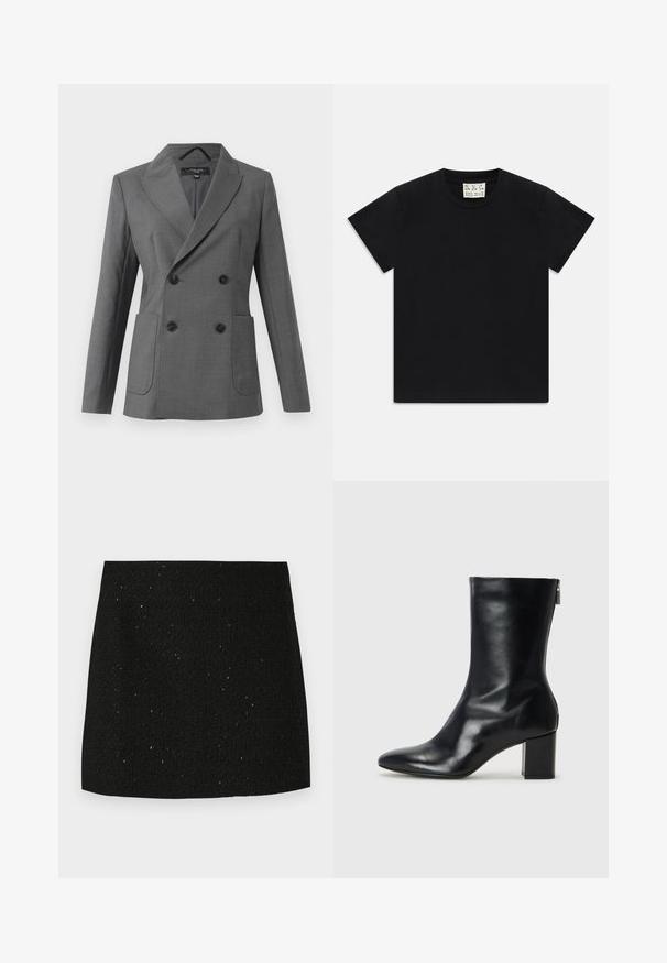 Blazer gris croisé avec larges revers, quatre boutons noirs, deux poches avant à soufflet et manches longues, présenté sur un fond blanc.; T-shirt noir à manches courtes avec col rond, portant une étiquette blanche à l'intérieur du col étiquetée "D.R.C. EST. 2002" sur fond blanc.; Mini-jupe noire texturée avec de subtiles paillettes brillantes, coupe droite, sans embellissements ni motifs visibles.; Bottine en cuir noir avec un bout pointu et un talon carré de 4 cm. Design élégant avec une fermeture éclair sur le côté pour un enfilage facile. Texture lisse.