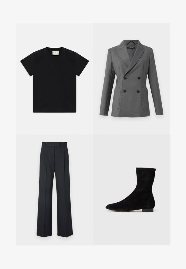 Double-breasted grey blazer with wide lapels, four black buttons, two front patch pockets, and long sleeves, displayed on a white background.; Black short-sleeve crew neck t-shirt with a white tag inside the collar labeled "D.R.C. EST. 2002" on a white background.; Dark blue pinstriped trousers with a high waist, wide leg design, and no visible hardware or embellishments. Smooth texture and tailored fit.; Black suede ankle boot with a fitted shaft, pointed toe, and a low block heel. Smooth texture and minimalistic design, suitable for versatile styling.