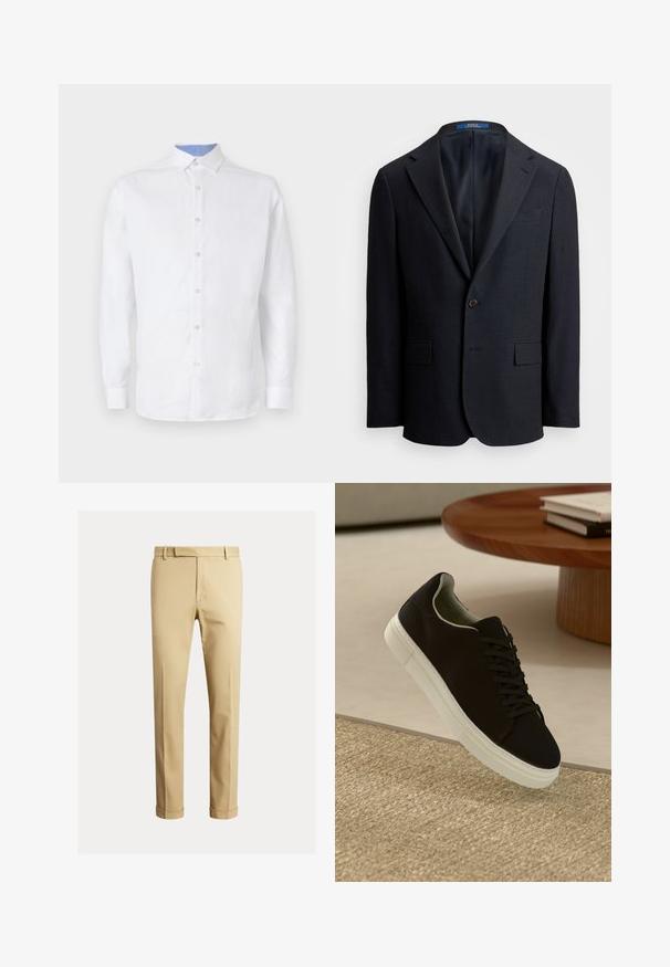 Blazer azul-marinho feito de tecido texturizado, com fecho de botão único, lapelas simples e dois bolsos frontais. Forro interior.; Camisa branca de mangas compridas com abertura frontal em botão, apresentando um padrão quadriculado azul claro no interior do colarinho e dos punhos. Textura de tecido suave.; Chinos caqui feitos de um tecido de algodão suave, com um design ajustado, pregas frontais e punhos no tornozelo para um visual afinado.; Sneaker preto com sola branca flutuando acima de um tapete texturizado bege, perto de uma mesa redonda de madeira com livros empilhados.