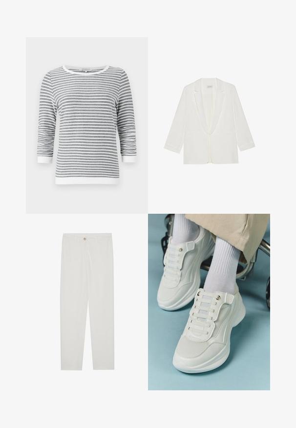 Valkoinen bleiseri, jossa on shaali-kaulus, pitkät hihat, kaksi etutaskua ja yksinkertainen napitus, joka on valmistettu sileästä kankaan rakenteesta.; Harmaa ja valkoinen vaakasuorassa raidoituksessa oleva pitkähihaoinen paita, jossa on 3/4-hihat ja valkoinen koriste reunuksissa, kauluksessa ja helmassa.; Valkoiset, muotoon ommellut housut, joissa on suora lahjerakenne, napillinen sulkeminen, vyölenkit ja sivutaskut; sileä kangas.; Valkoiset lenkkarit, joissa on verkkokangas, kumipohja, nauhattomuus elastisilla nauhoilla ja kultatäyteiset yksityiskohdat.