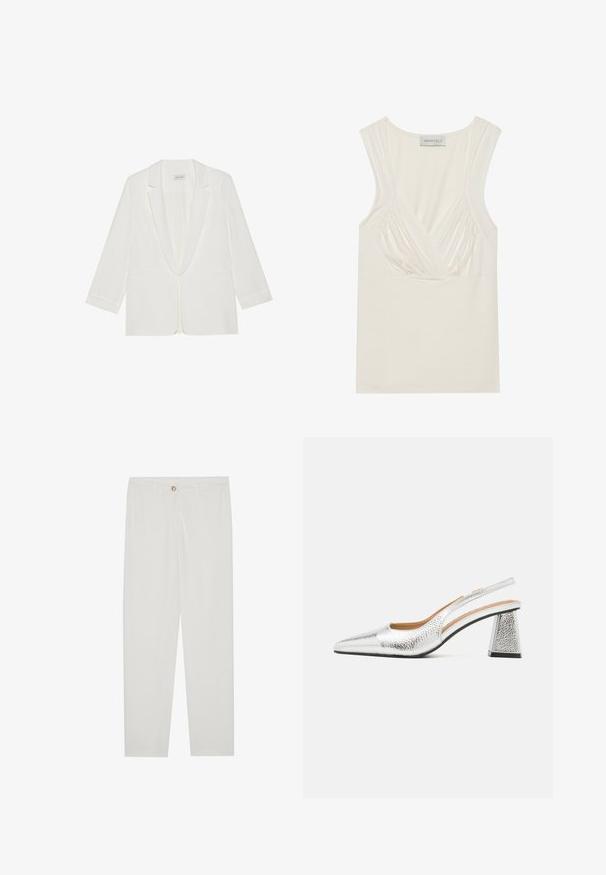 Valge bleiser, millel on šaalikaelus, pikad varrukad, kaks esist pocketit ja ühekohaline nööbirida, millel on sile kangatekstuur.; Kreemikas värv, ilma varrukateta tee, millel on V-kaelus ja külgedel kogutud detailid, valmistatud pehmest ja venivast materjalist. Sildil on kirjutatud "ANNA FIELD."; Valged kohandatud püksid sirge lõikega, varustatud nupuga kinnitusega, vöödega ja küljetaskutega; sile kangatekstuur.; Hõbedased slingback kingad terava ninaga, tekstuurse metallilise viimistluse ja kolmnurkse plokkkontsaga. Siseosa sisaldab pruuni nahast detaile.