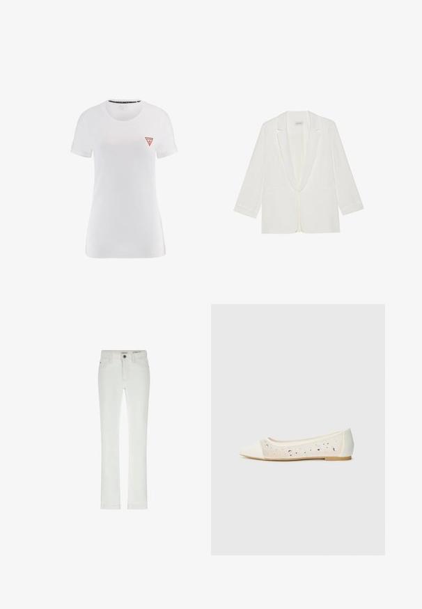 White blazer with a shawl lapel, long sleeves, two front pockets, and a single-button closure, featuring a smooth fabric texture.; White cotton t-shirt with short sleeves and a classic crew neckline, featuring a red triangular logo on the left chest.; White jeans with a slim fit, 5-pocket design, and contrasting stitching. Features a button closure and subtle brand label at the waistband.; Pointed-toe flat in cream leather with transparent upper featuring scattered rhinestones. Soft sole for comfort, minimalistic design.