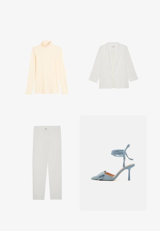 Balts žakets ar šalli izliekto apkakli, garām piedurknēm, divām priekšējām kabatām un vienu pogu aizdari, ar gludu auduma faktūru.; Gaišais krēms krūšturis ar augsto apkakli, izgatavots no mīksta auduma, ar garām piedurknēm un pieguļošu siluetu.; Baltas, pielāgots bikses ar taisnu kāju dizainu, ar pogu aizdari, jostu cilpām un sānu kabatām; gluda auduma tekstūra.; Zilnīšu augstpapēžu kurpes ar norādītu purngalu, izgatavotas no gaiši zilas auduma ar teksturētu apdari, ar loku akcentu un potītes siksniņu drošai piestiprināšanai.