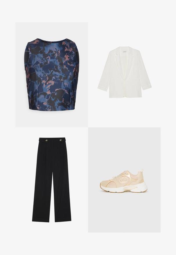 Fehér blézer, sálgallérral, hosszú ujjaival, két elülső zsebbel és egygombos záródással, sima anyagtextúrával.; Tengerészkék és fekete felső, kék és őszibarack árnyalatú virágmintával, kerek dekoltázzsal és formázott fazonnal.; Fekete, bő szárú nadrág magas derékkal, gombos részletekkel a derékrészen és elülső pliszékkal.; Beige sportcipő hálós és szintetikus felsőrésszel, lekerekített orral és vastag fehér talppal. Jellemzője a logó részlet és a világos színű fűzők.