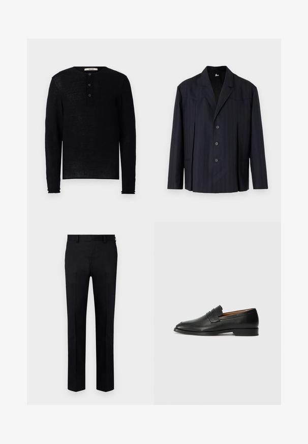 Dunkelblaues Blazer mit vertikalen Nadelstreifen, einreihigem Design, strukturierten Schultern, fünf Knöpfen und Reverskragen.; Schwarzes Langarm-Henley-Shirt aus weichem Stoff, mit rundem Ausschnitt und drei vorderen Knöpfen. Leicht lockere Passform mit gerippten Bündchen.; Schwarze Hose aus glattem Stoff mit geradem Bein, Vorderfalten und Gürtelschlaufen am Bund. Keine sichtbaren Muster oder Akzente.; Schwarze Leder-Slipper mit runder Zehenform, dezenten gestickten Details und niedrigem Absatz, ausgestattet mit glatter Textur und minimalistischem Design.