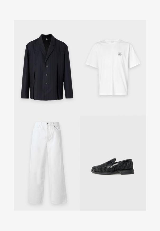 Blazer blu scuro con righe verticali, design monopetto, spalle strutturate, cinque bottoni e rever a punta.; T-shirt bianca in cotone con maniche corte, colletto tondo e un piccolo logo grigio nella zona sinistra del petto. Texture liscia.; rag & bone BAGGY - Jeans baggy - white; Scarpa nera a mocassino intrecciata con un accentuato in pelle liscia sulla parte superiore, design a punta rotonda e suola in gomma a profilo basso.
