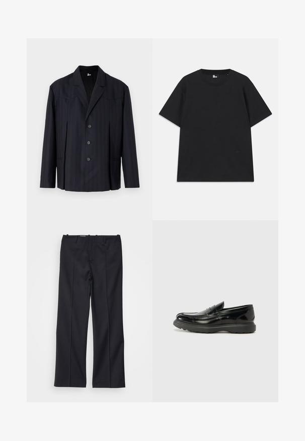 Dunkelblaues Blazer mit vertikalen Nadelstreifen, einreihigem Design, strukturierten Schultern, fünf Knöpfen und Reverskragen.; Schwarzes Kurzarm-T-Shirt aus Baumwolle mit rundem Halsausschnitt und einem kleinen Logo-Detail am Saum. Glatte Textur, reguläre Passform.; Filippa K BOOTCUT TROUSERS - Stoffhose - black; Schwarze Lederloafer mit glanzendem Finish, abgerundetem Zehenbereich, subtilen Steppnähten und einer dicken Gummisohle für Langlebigkeit.