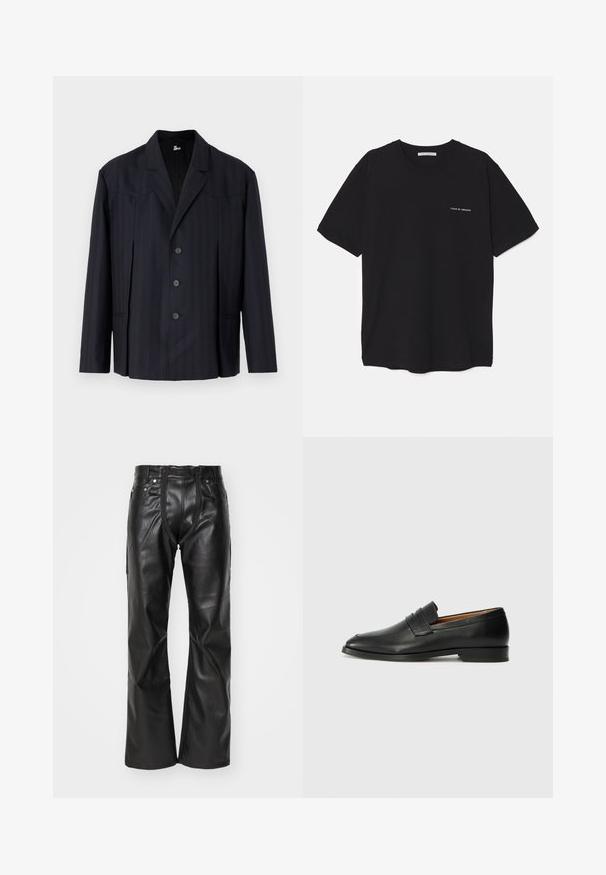 Donkerblauwe blazer met verticale streepjes, enkelgeknoopt ontwerp, gestructureerde schouders, vijf knopen en een met puntige kraag.; Zwarte katoenen T-shirt met een ronde hals, korte mouwen en een witte logo-print op de linkerkant van de borst. Eenvoudig, effen kleur ontwerp.; Zwarte leren broek met een recht gesneden ontwerp, voorzien van een rits, vijf zakken en een gestructureerde afwerking. Inclusief accenten in zilverkleurige hardware.; Zwarte leren instapper met een ronde neus, subtiele stikdetails en een lage hak, met een gladde textuur en een minimalistisch ontwerp.