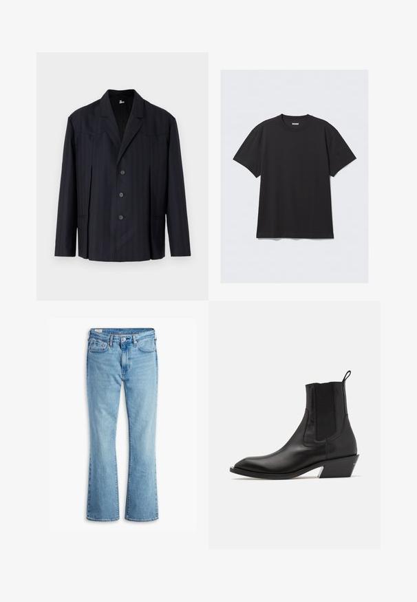 Blazer blu scuro con righe verticali, design monopetto, spalle strutturate, cinque bottoni e rever a punta.; T-shirt nero a maniche corte in cotone. Presenta un collo a giro e una vestibilità comoda. Design semplice senza motivi o dettagli visibili.; Jeans a zampa d'elefante in denim azzurro chiaro con vita alta, dotati di tasche frontali, chiusura con bottone e texture sbiadita per un look vintage.; Stivale alla caviglia in pelle nera con punta affilata, pannelli laterali elastici e tacco basso a blocco con un accento argento. Presenta un passante.