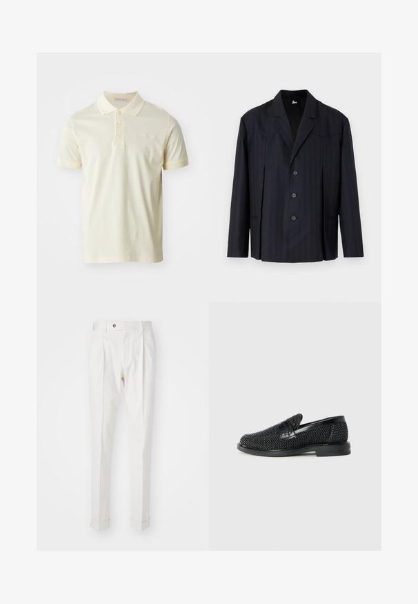 Tmavě modrý blazer s vertikálními pruhy, jednořadý design, strukturované ramena, pět knoflíků a klopový límec.; Polo tričko v jemně žluté barvě, vyrobené z měkké bavlny. Obsahuje klasický límeček, pět tlačítek a krátké rukávy. Diskrétní logo značky na hrudi.; Bílé kalhoty na míru s plochým předním dílem, dvěma sklady a ohrnutými nohavicemi. Vyrobené z hladké tkaniny s knoflíkovým zapínáním v pase.; Černé pletené nazouvací boty s hladkým koženým akcentem na svršku, kulatou špičkou a nízkoprofilovou gumovou podrážkou.