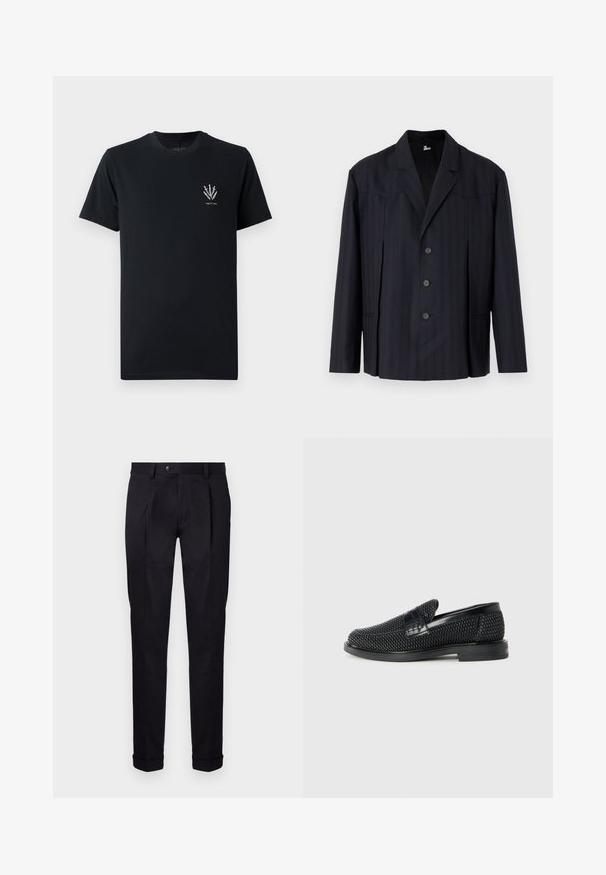 Blazer blu scuro con righe verticali, design monopetto, spalle strutturate, cinque bottoni e rever a punta.; T-shirt in cotone nero con collo a giro, maniche corte e una piccola grafica di spade bianche nell'area sinistra del petto.; Pantaloni neri su misura realizzati in tessuto liscio, con fronte piatto, due pieghe frontali e orli con risvolto per un aspetto pulito e strutturato.; Scarpa nera a mocassino intrecciata con un accentuato in pelle liscia sulla parte superiore, design a punta rotonda e suola in gomma a profilo basso.