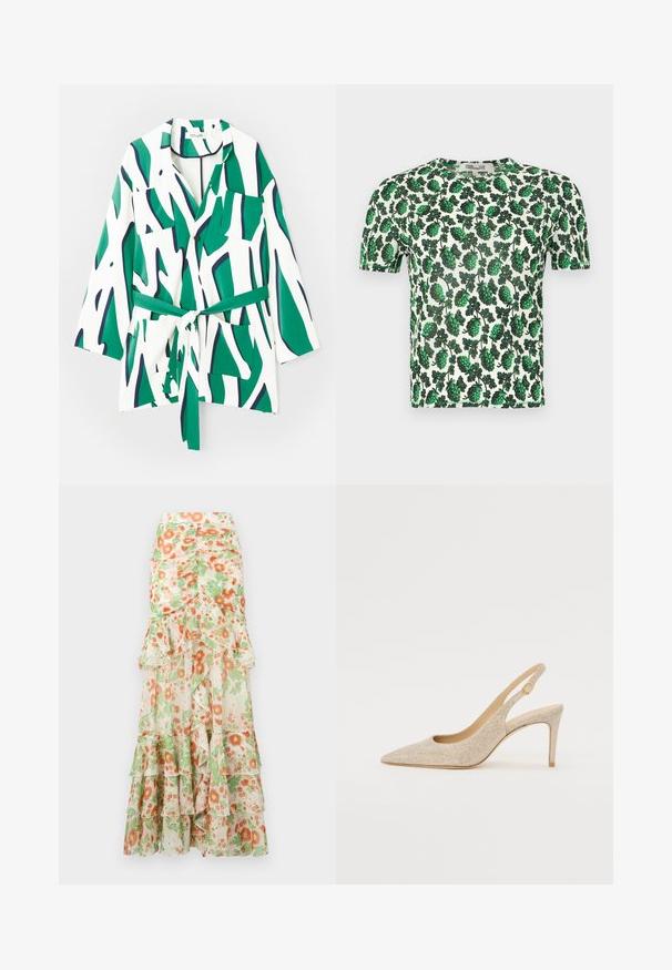 Camisa de botones con mangas largas, patrón abstracto en verde y azul marino sobre un fondo blanco, incluye un lazo en la cintura y dos bolsillos en el pecho.; Blusa corta de manga corta en verde con grandes patrones de hojas sobre un fondo blanco, fabricada en un material ligero y elástico.; Falda maxi floral con fondo crema, estampado de flores naranjas y verdes, capas con volantes y diseño de cintura ajustada.; Zapato slingback con puntera afilada en tejido metálico dorado con una textura sutil, que presenta un tacón delgado y un cierre redondo en el tobillo.