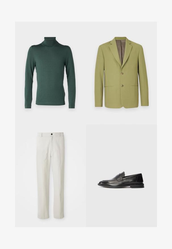 Blazer verde oliva con un diseño estructurado, solapas con muesca, dos bolsillos frontales y un forro interior marrón. Presenta un cierre de dos botones.; DRYKORN JOEY - Jersey de punto - green; Pantalones rectos beige con presillas para cinturón, botón frontal y cierre de cremallera, exhibidos en plano sobre un fondo blanco.; Mocasín de hombre de cuero negro con un tacón bajo y un detalle de tira horizontal en la parte superior, mostrado de lado sobre un fondo blanco.
