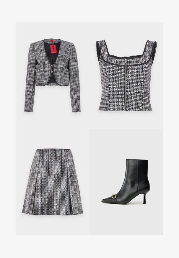 Jachetă scurtă din țesătură navy și albă. Are un decolteu rotund, închidere cu cârlig în față și mâneci lungi. Include un etichetă.; Top scurt din tweed în nuanțe de bleumarin și alb, cu decolteu pătrat, fără mâneci și cu un fermoar frontal dotat cu un tablu de marcă.; Fustă din tweed bleumarin cu un model texturat, siluetă evazată și plisuri. Talie neagră, care pune în evidență designul fustei.; Botine negre din piele, cu vârf ascuțit, toc subțire de înălțime medie și detaliu cu cataramă argintie pe lateral, pe un fundal simplu.