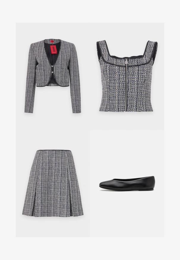 Rövidített kabát szövött tengerészkék és fehér anyagból. Kerek nyakkivágással, elöl horgonnyal záródik, és hosszú ujjai vannak. Tartalmaz egy címkét.; Tengerészkék és fehér tweed, rövidített női top, négyzet alakú dekoltázssal, ujjatlan kivitelben, elülső cipzárral, márkázott húzópullal.; Tengerészkék tweed szoknya texturált mintával, fodros sziluettel és redőkkel. A dereka fekete, ami kiemeli a szoknya dizájnját.; Paul Smith TOPANGA - Balerina cipők - black