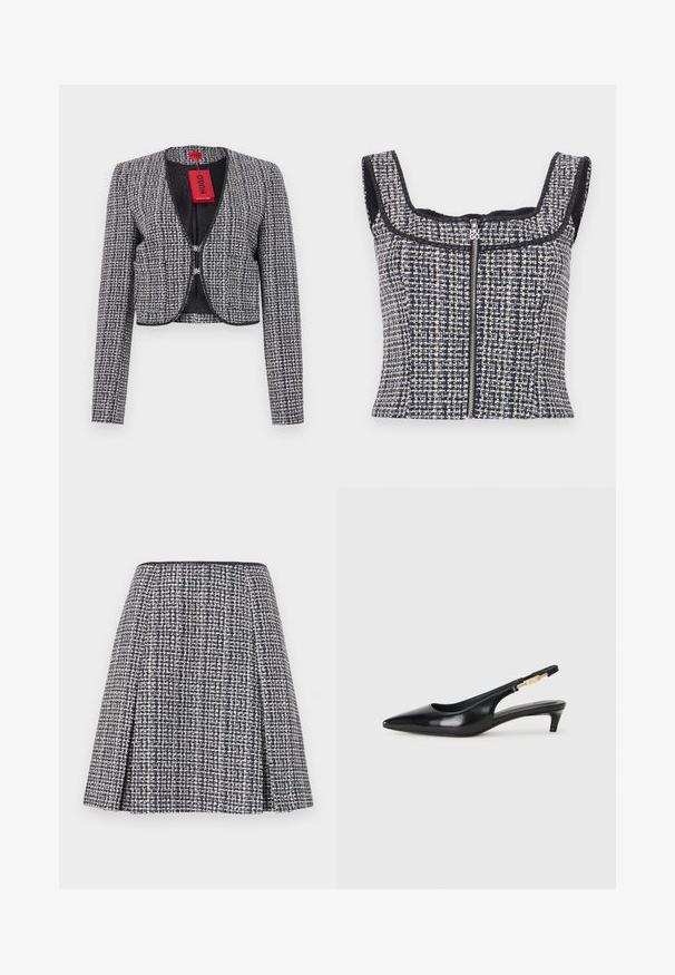 Geknipte jas van geweven marineblauw en wit stof. Heeft een ronde halslijn, haaksluiting aan de voorkant en lange mouwen. Inclusief etiket.; Marineblauw en witte tweed cropped top met een vierkante halslijn, mouwloos ontwerp en een rits aan de voorkant met een gemarkeerde trekband.; Marineblauwe tweed rok met een gestructureerd patroon, uitlopende silhoët en plooien. De tailleband is zwart, wat het ontwerp van de rok benadrukt.; Zwarte leren slingback hakken met een spitse neus, voorzien van een slanke hak en een goudkleurige accent op de verstelbare band. Gladde textuur.
