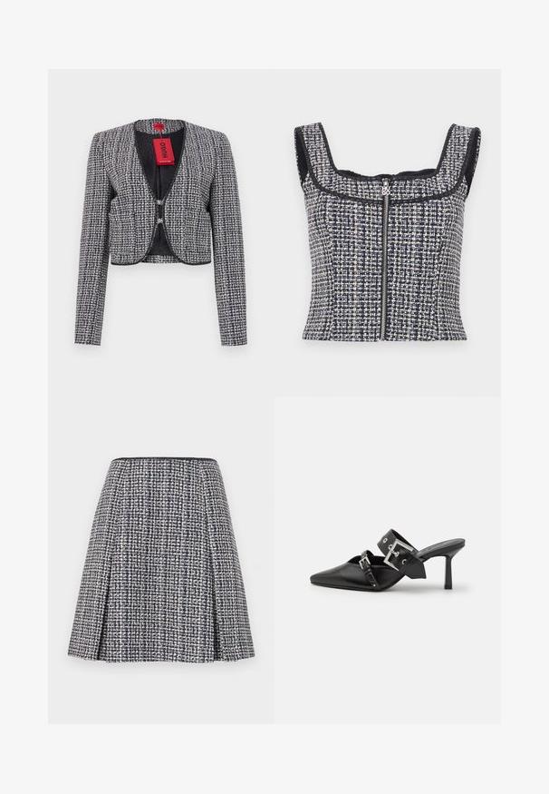 Kuttet jakke i vevd marineblå og hvit stoff. Har en rund halslinning, krok-lukking foran, og lange ermer. Inkluderer et merke.; Marinblå og hvit tweed cropped topp med firkantet halslinning, ermeløs design og glidelås foran med et merket trekk.; Marineblå tweed skjørt med et teksturert mønster, utvidet silhuett og folder. Livdelen er svart, noe som fremhever skjørtets design.; Svarte høye hælsandaler med spiss tå, laget av glatt lær. Har et bredt ankelbelte med firkantet sølvspenne og nagler.