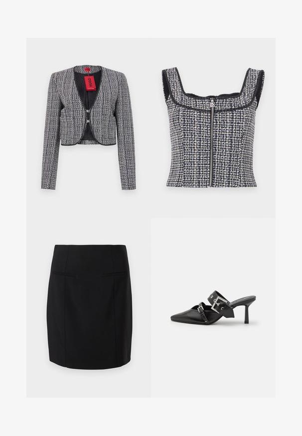 Izgriezta jaka izgatavota no austiem tumši zilas un baltas krāsas audumiem. Ar noapaļotu apkakli, āķa aizdari priekšā un garām piedurknēm. Ietver etiķeti.; Jūras spēku un baltā auduma kokvilnas tops ar kvadrātveida dekoltē, bez piedurknēm un priekšējo rāvējslēdzēju ar zīmola vilkšanas cilpu.; Melnā zīmuļsvārki, izgatavoti no gludas auduma, ar pieguļošu dizainu, divām priekšējām kabatām un līdz ceļgaliem garu apdari.; Melnas augstpapēžu mūles ar norādītu purngalu, izgatavotas no gludas ādas. Iekļauj plašu potītes siksnu ar kvadrātveida sudraba sprādzi un kniedēm.