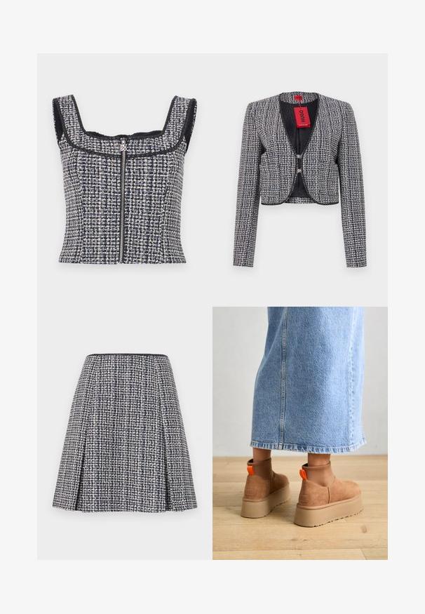 Kuttet jakke i vevd marineblå og hvit stoff. Har en rund halslinning, krok-lukking foran, og lange ermer. Inkluderer et merke.; Marinblå og hvit tweed cropped topp med firkantet halslinning, ermeløs design og glidelås foran med et merket trekk.; Marineblå tweed skjørt med et teksturert mønster, utvidet silhuett og folder. Livdelen er svart, noe som fremhever skjørtets design.; Brune semska plattformstøvler med elastiske sidepaneler og orange rekkehalser, parret med en knelange lys denimskjørt på et tregulv.