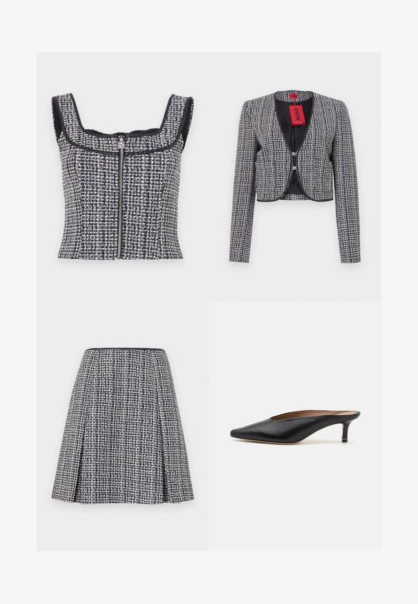 Geknipte jas van geweven marineblauw en wit stof. Heeft een ronde halslijn, haaksluiting aan de voorkant en lange mouwen. Inclusief etiket.; Marineblauw en witte tweed cropped top met een vierkante halslijn, mouwloos ontwerp en een rits aan de voorkant met een gemarkeerde trekband.; Marineblauwe tweed rok met een gestructureerd patroon, uitlopende silhoët en plooien. De tailleband is zwart, wat het ontwerp van de rok benadrukt.; Zwarte leren muiltjes met een puntige neus en een lage, blokhak. Glad oppervlak met een gestroomlijnd ontwerp. Open achterkant met minimale details.
