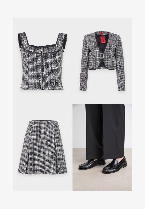 Giacca cropped in tessuto intrecciato blu navy e bianco. Presenta un collo rotondo, chiusura a gancio sul davanti e maniche lunghe. Include un'etichetta.; Top corto in tweed blu navy e bianco con scollo quadrato, design senza maniche e zip frontale con tirante a brand.; Gonna in tweed blu navy con un motivo testurizzato, silhouette svasata e pieghe. La vita è nera, mettendo in risalto il design della gonna.; Mocassini in pelle nera con una finitura liscia, dettagli cuciti attorno alla punta e suola in gomma bassa. Abbinati a pantaloni neri larghi.