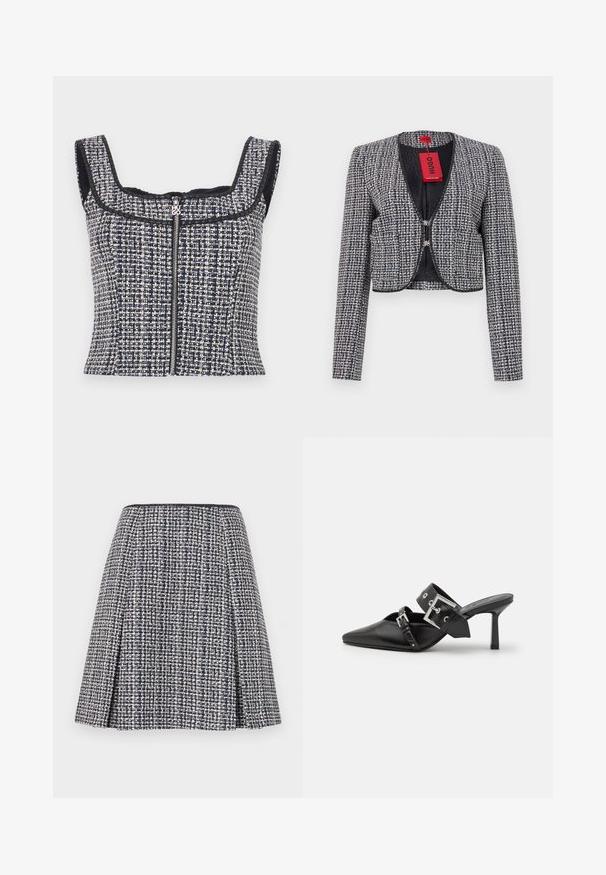 Geknipte jas van geweven marineblauw en wit stof. Heeft een ronde halslijn, haaksluiting aan de voorkant en lange mouwen. Inclusief etiket.; Marineblauw en witte tweed cropped top met een vierkante halslijn, mouwloos ontwerp en een rits aan de voorkant met een gemarkeerde trekband.; Marineblauwe tweed rok met een gestructureerd patroon, uitlopende silhoët en plooien. De tailleband is zwart, wat het ontwerp van de rok benadrukt.; Zwarte hoge hakken mules met een puntige neus, gemaakt van soepel leer. Heeft een brede enkelriem met een vierkante zilveren gesp en studs.