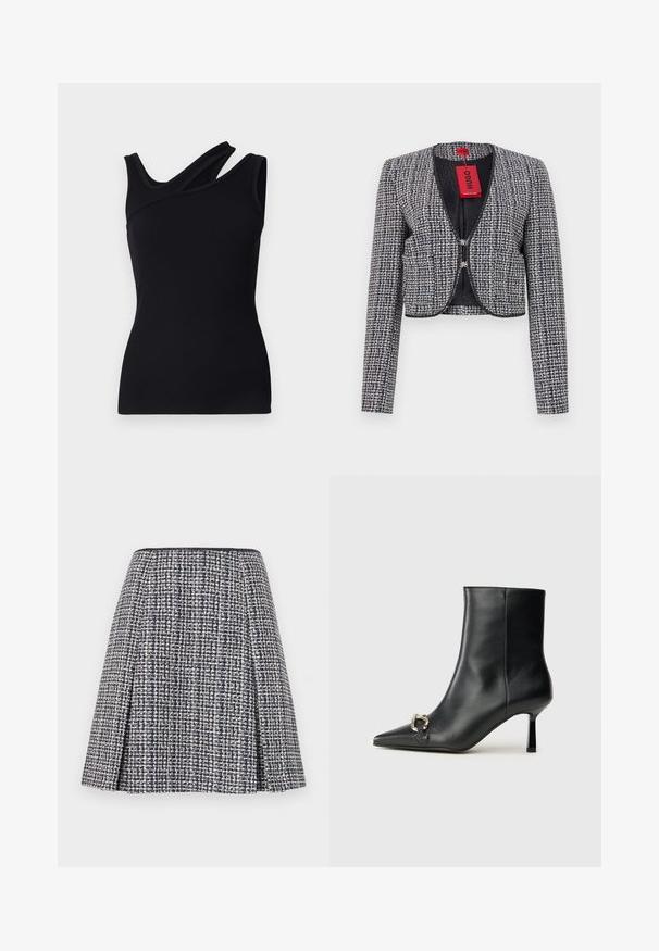 Giacca cropped in tessuto intrecciato blu navy e bianco. Presenta un collo rotondo, chiusura a gancio sul davanti e maniche lunghe. Include un'etichetta.; Canotta nera a coste con un design asimmetrico che presenta una tracolla che attraversa la spalla. Texture liscia e forma aderente.; Gonna in tweed blu navy con un motivo testurizzato, silhouette svasata e pieghe. La vita è nera, mettendo in risalto il design della gonna.; Stivale alla caviglia in pelle nera con punta affusolata, tacco sottile di media altezza e dettaglio in fibbia argentata sul lato, su sfondo semplice.