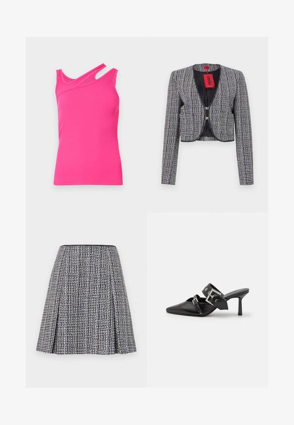 Geknipte jas van geweven marineblauw en wit stof. Heeft een ronde halslijn, haaksluiting aan de voorkant en lange mouwen. Inclusief etiket.; Roze geribbelde tanktop met een asymmetrische halslijn en schouderuitsnijding. De stof heeft een soepele textuur en een getailleerd ontwerp.; Marineblauwe tweed rok met een gestructureerd patroon, uitlopende silhoët en plooien. De tailleband is zwart, wat het ontwerp van de rok benadrukt.; Zwarte hoge hakken mules met een puntige neus, gemaakt van soepel leer. Heeft een brede enkelriem met een vierkante zilveren gesp en studs.