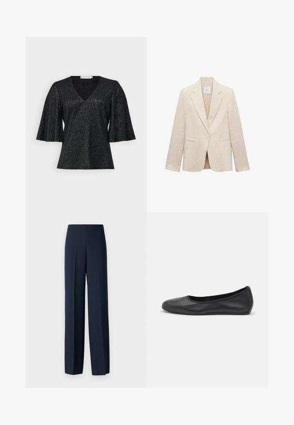 Lichtbeige blazer van linnen, met een notch-lapel, sluiting met één knoop, twee voorkruispockets en een getailleerde pasvorm.; Zwarte top met een V-hals en uitlopende korte mouwen, gemaakt van textiel met een subtiele glans. Heeft een gladde afwerking en geen zichtbare hardware.; Marineblauwe wijde broek met een soepele textuur, vlakke tailleband en geen zichtbare sluitingdetails. Ontworpen voor een ontspannen pasvorm.; Zwarte leren ballerina met een ronde neus, gladde textuur, minimale stikdetails en een flexibele zoolontwerp.