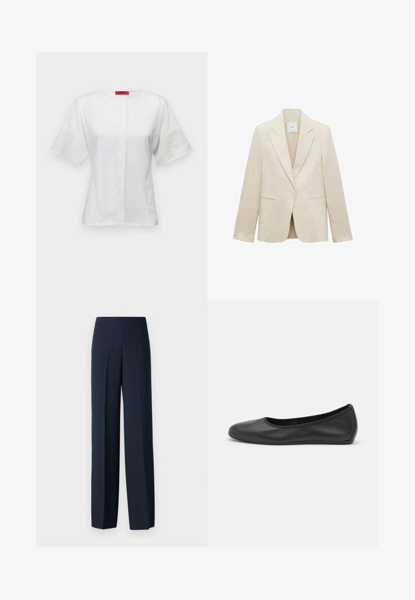 Lyse beige blazer lavet af linned, med klapkrave, enkelt knappelukning, to frontlommer og en skræddersyet pasform.; MAX&Co. ROSALBA - Bluse - weiss; Mørkeblå vidde bukser med en glat tekstur, flad talje og uden synlige lukke detaljer. Syet til en afslappet pasform.; Sort læderballetsko med rund tå, glat tekstur, minimal syning og et fleksibelt såldesign.