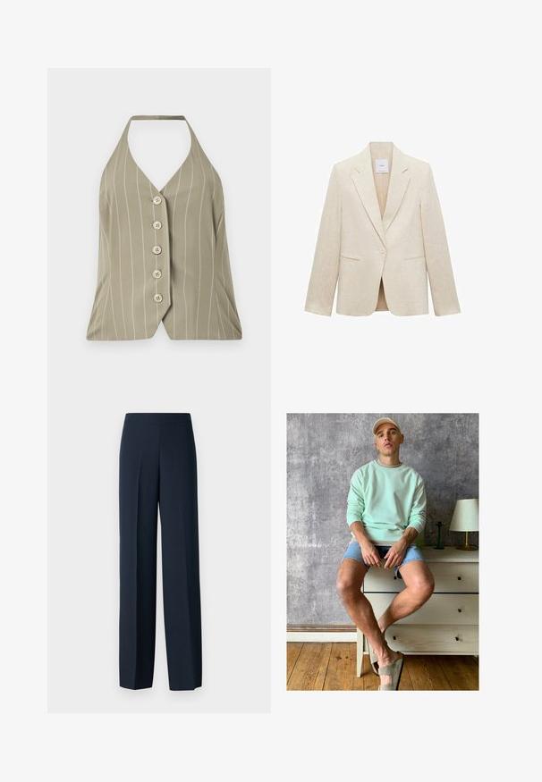 Blazer beige chiaro in lino, con revers a punta, chiusura a un bottone, due tasche frontali e vestibilità sartoriale.; Top con collo halter di un verde oliva chiaro, caratterizzato da strisce bianche verticali, cinque bottoni sul davanti e una vestibilità aderente con orlo svasato.; Pantaloni a gamba larga blu navy con una texture liscia, vita piatta e senza dettagli di chiusura visibili. Realizzati per un fit rilassato.; Felpa verde menta, shorts in denim e scarpe slip-on verde oliva. Seduto su un comò chiaro contro un muro grigio texturizzato.