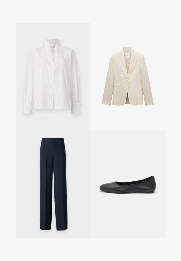 Blazer beige chiaro in lino, con revers a punta, chiusura a un bottone, due tasche frontali e vestibilità sartoriale.; Blusa bianca in cotone con colletto arricciato, maniche lunghe a sbuffo e chiusura a bottoni con bottoni che sembrano perle.; Pantaloni a gamba larga blu navy con una texture liscia, vita piatta e senza dettagli di chiusura visibili. Realizzati per un fit rilassato.; Pantofole da balletto nere in pelle con punta arrotondata, texture liscia, dettagli di cucitura minimi e design con suola flessibile.