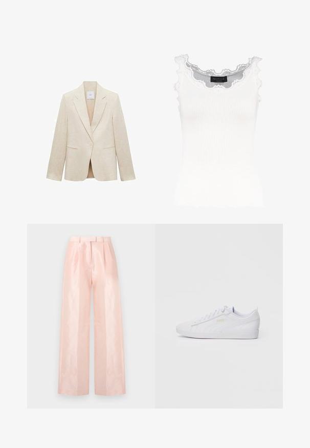 Jasne beżowe żakiet wykonany z lnu, z klapami, jednoprzęsłowym zapięciem, dwiema przednimi kieszeniami i dopasowanym krojem.; Biały prążkowany top na ramiączkach z koronkowym wykończeniem przy dekolcie i rękawach. Posiada miękką teksturę i dopasowany krój. Wewnątrz widoczna metka marki.; Jasnoróżowe spodnie o wysokim stanie i szerokich nogawkach, z gładką, błyszczącą teksturą, plisami z przodu i pasującym paskiem.; Białe niskie trampki Puma z zapięciem na sznurowadła, subtelnym logo po bokach oraz podeszwą, a także gładką syntetyczną cholewką, idealne do codziennych stylizacji.