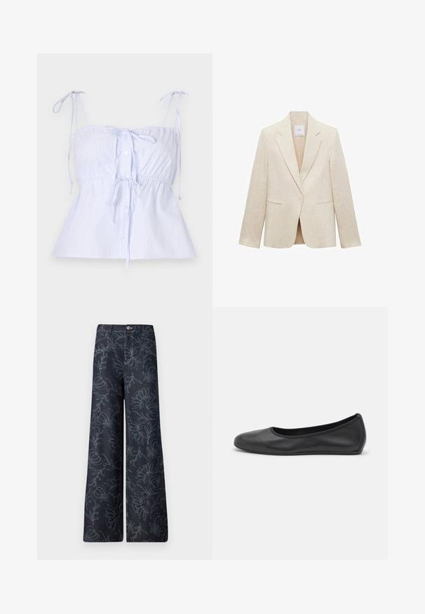 Blazer bej deschis din in, cu rever în cută, închidere cu un singur nasture, două buzunare frontale și o croială ajustată.; Top din bumbac cu dungi albastre deschise, cu bretele reglabile și un cordon strâns în talie, închidere frontala cu nasturi. Material elegant cu o textură netedă.; Pantaloni largi din denim închis, cu un model floral brodat în bleu deschis. Design clasic cu cinci buzunare și închidere frontală cu button.; Balerini din piele neagră, cu vârf rotund, textură netedă, detalii de cusătură minimale și un design al tălpii flexibil.